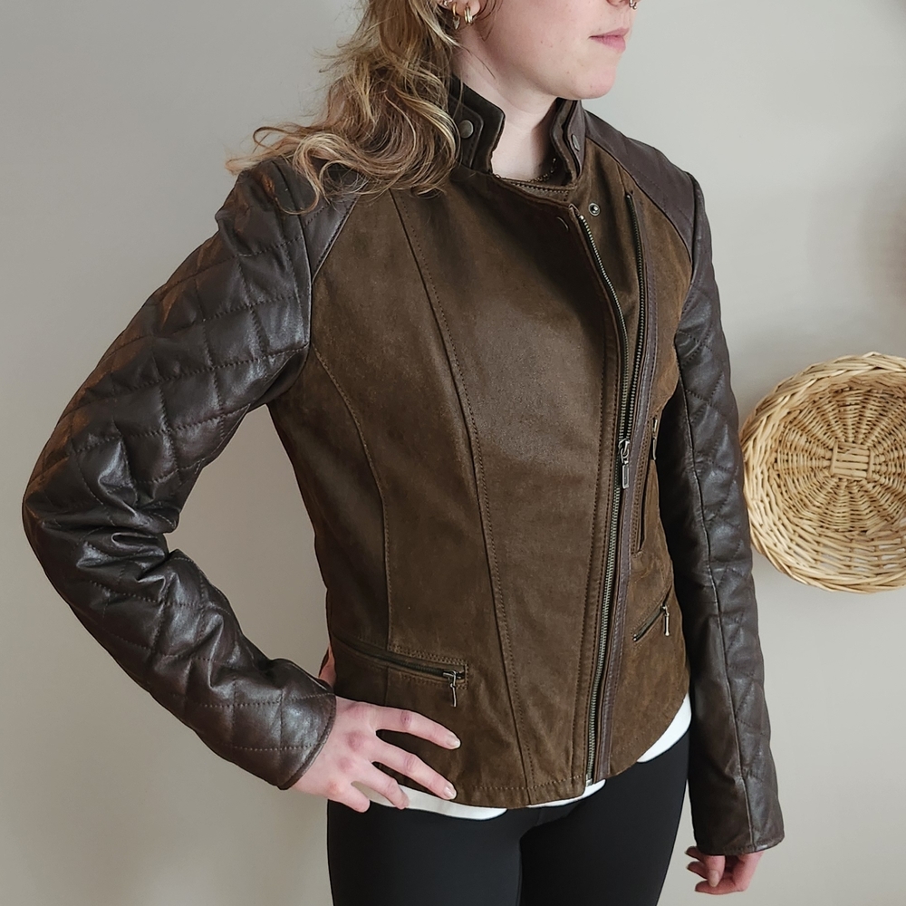 Danier Ladies Two-Tone Brown Leather Motorcycle Jacket